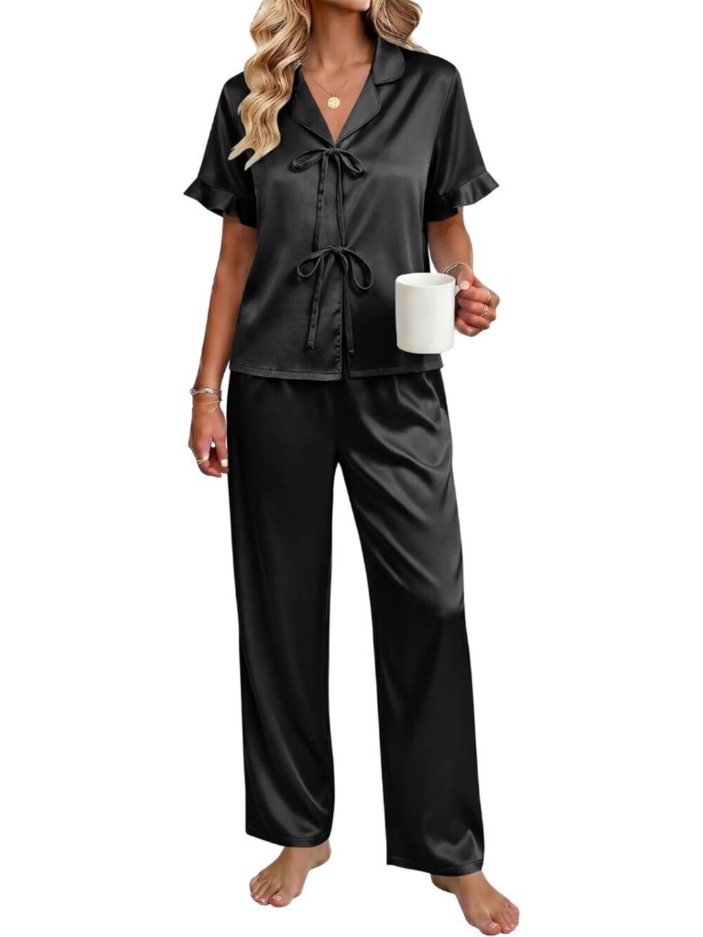 Women's Black Silky Tie Front Ruffle breathable Sleepwear Pajama Sets